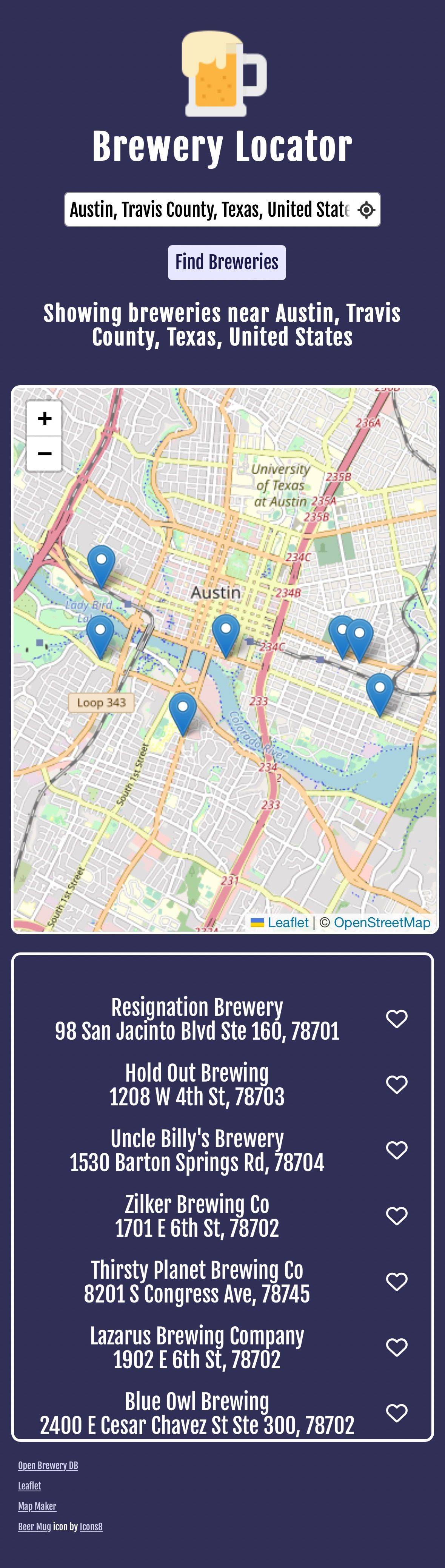 Screenshot links to Brewery Locator site